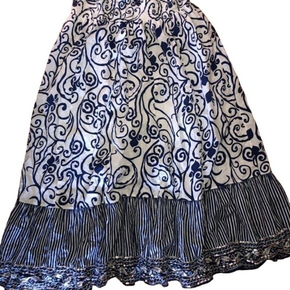 Women's Kalamkari Floral Blue White Striped Shirred Maxi Skirt, Size 14/16, Embe - Picture 9 of 10